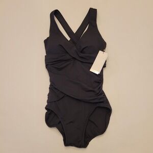 Calia Pure Black Ruched High Support Seamed Sculpt One Piece Swimsuit Size 4